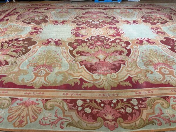1840s antique red field medallion flatweave wool french aubusson gallery rug - detail view 2