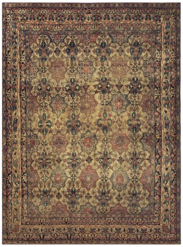 1840s beige ground geometric floral antique kerman handknotted silk carpet rug