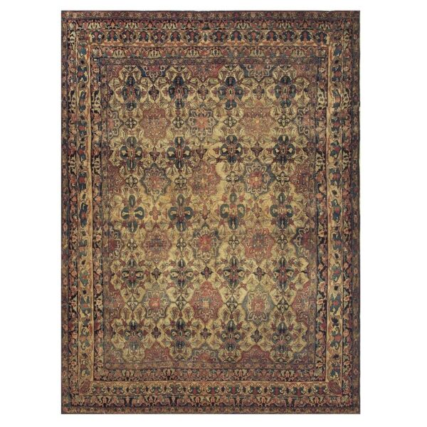 1840s beige ground geometric floral antique kerman handknotted silk carpet rug - detail view 6