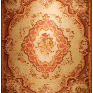 1850s Antique Beige Floral Medallion French Neoclassical European Aubusson rug