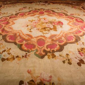 1850s Antique Beige Floral Medallion French Neoclassical European Aubusson rug - detail view 1