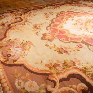 1850s Antique Beige Floral Medallion French Neoclassical European Aubusson rug - detail view 4