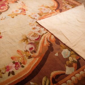 1850s Antique Beige Floral Medallion French Neoclassical European Aubusson rug - detail view 5