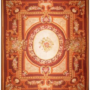 1850s Antique Ivory Neoclassical Floral Aubusson Flatwoven Wool Square Tapestry