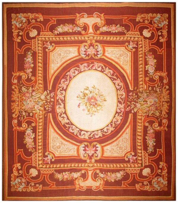 1850s antique ivory neoclassical floral aubusson flatwoven wool square tapestry