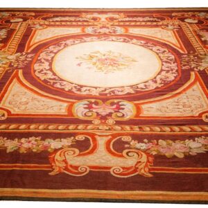 1850s Antique Ivory Neoclassical Floral Aubusson Flatwoven Wool Square Tapestry - detail view 1