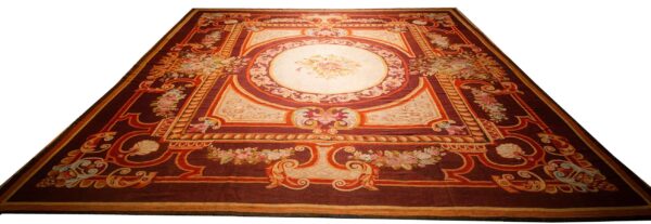 1850s antique ivory neoclassical floral aubusson flatwoven wool square tapestry - detail view 1