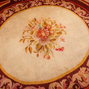 1850s Antique Ivory Neoclassical Floral Aubusson Flatwoven Wool Square Tapestry - detail view 2