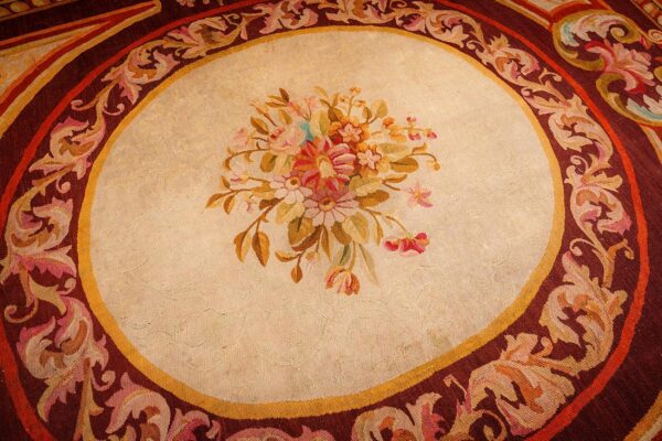 1850s antique ivory neoclassical floral aubusson flatwoven wool square tapestry - detail view 2