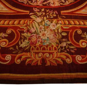 1850s Antique Ivory Neoclassical Floral Aubusson Flatwoven Wool Square Tapestry - detail view 3