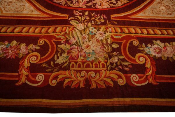 1850s antique ivory neoclassical floral aubusson flatwoven wool square tapestry - detail view 3