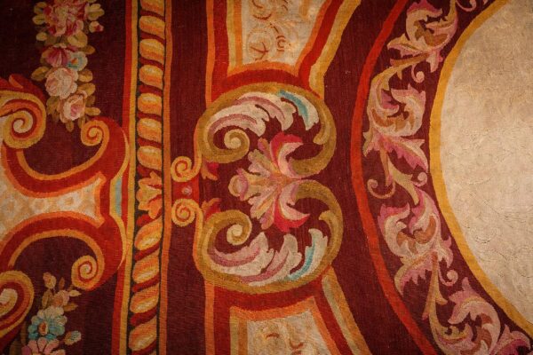 1850s antique ivory neoclassical floral aubusson flatwoven wool square tapestry - detail view 4