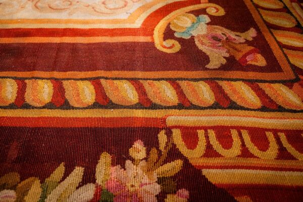 1850s antique ivory neoclassical floral aubusson flatwoven wool square tapestry - detail view 5