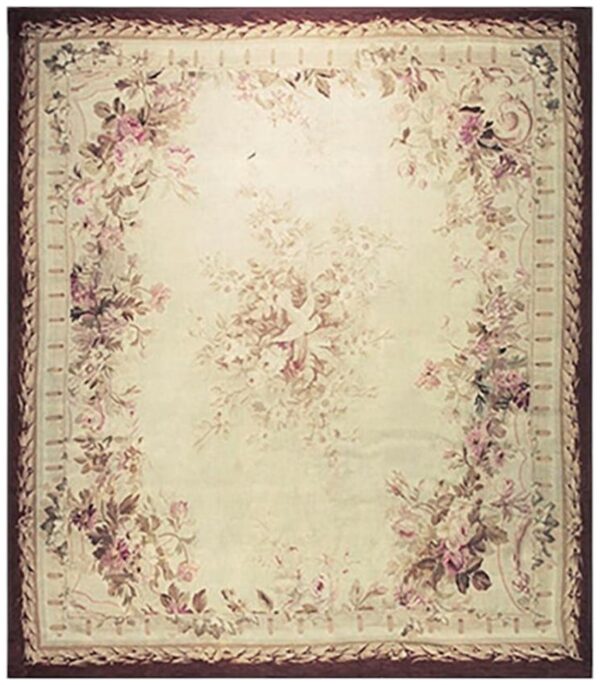 1850s ivory ground floral medallion antique french aubusson flatweave wool rug
