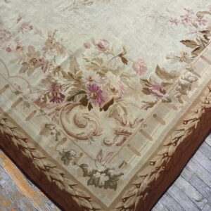 1850s Ivory Ground Floral Medallion Antique French Aubusson Flatweave Wool Rug - detail view 1