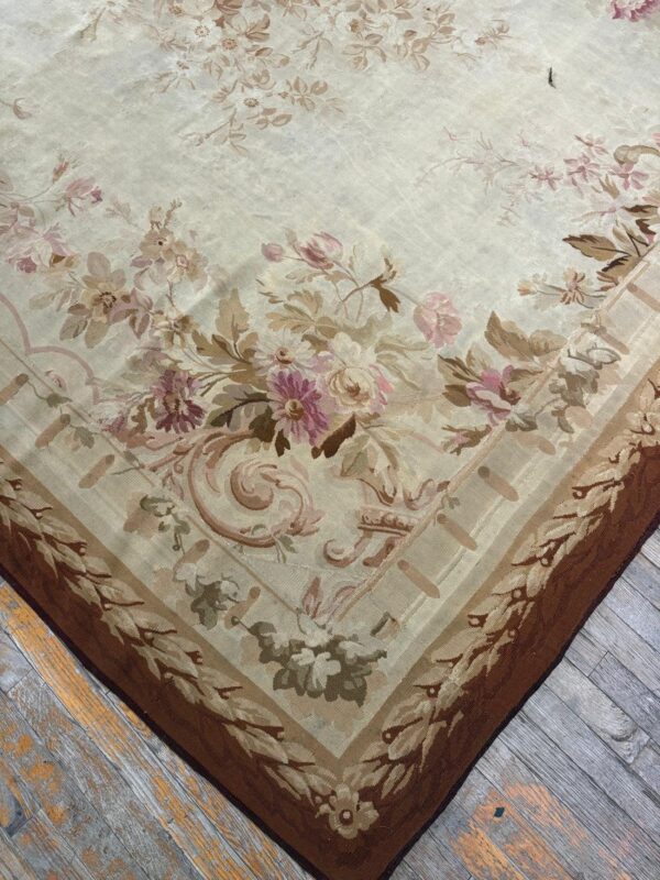 1850s ivory ground floral medallion antique french aubusson flatweave wool rug - detail view 1