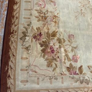 1850s Ivory Ground Floral Medallion Antique French Aubusson Flatweave Wool Rug - detail view 3