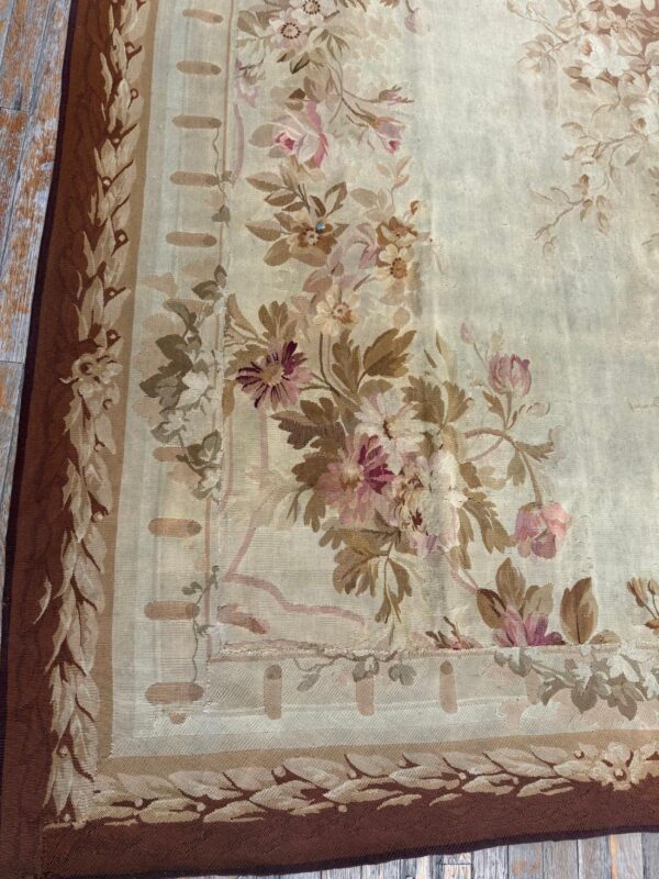 1850s ivory ground floral medallion antique french aubusson flatweave wool rug - detail view 3