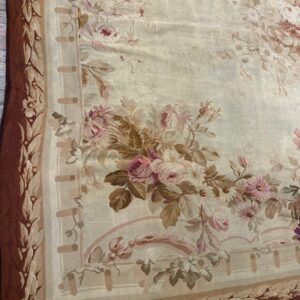 1850s Ivory Ground Floral Medallion Antique French Aubusson Flatweave Wool Rug - detail view 4