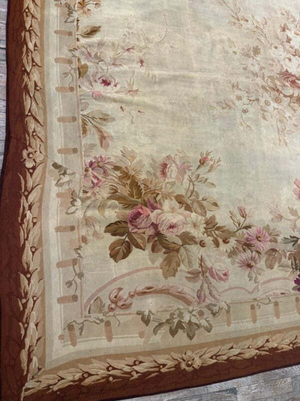 1850s ivory ground floral medallion antique french aubusson flatweave wool rug - detail view 4