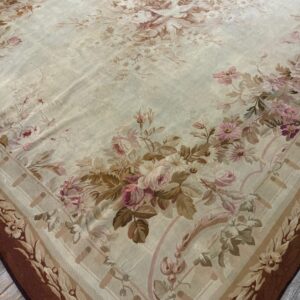 1850s Ivory Ground Floral Medallion Antique French Aubusson Flatweave Wool Rug - detail view 5