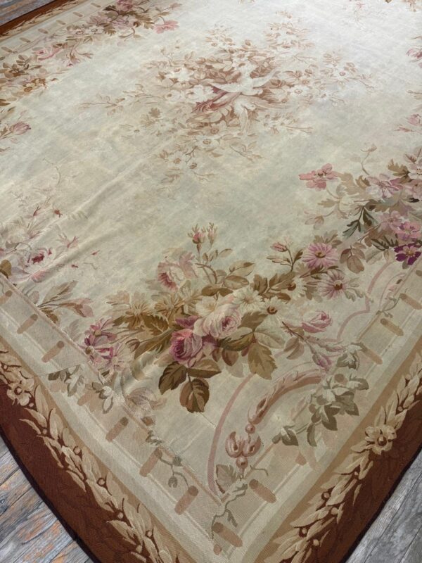 1850s ivory ground floral medallion antique french aubusson flatweave wool rug - detail view 5