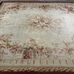 1850s Ivory Ground Floral Medallion Antique French Aubusson Flatweave Wool Rug - detail view 6
