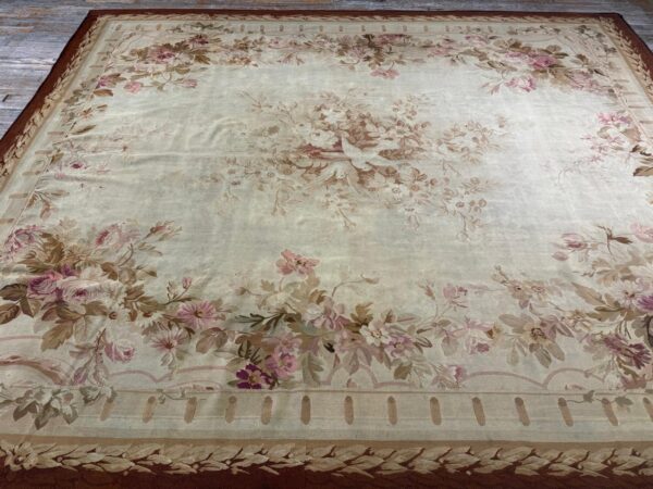 1850s ivory ground floral medallion antique french aubusson flatweave wool rug - detail view 6