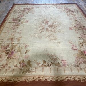 1850s Ivory Ground Floral Medallion Antique French Aubusson Flatweave Wool Rug - detail view 7