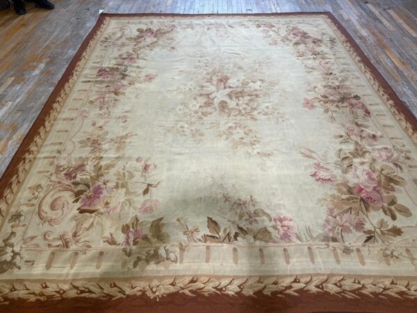 1850s ivory ground floral medallion antique french aubusson flatweave wool rug - detail view 7