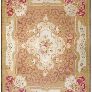 1860s Brown Traditional Floral Antique French Louis Philipe Period Aubusson Rug