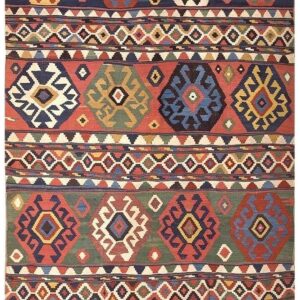 1870s Multicolor Diamond Tribal Antique Caucasian Kuba Kilim Flatweave Wool Rug