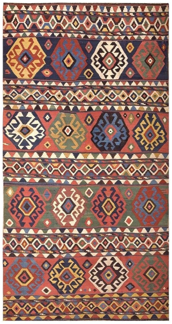 1870s multicolor diamond tribal antique caucasian kuba kilim flatweave wool rug 1 1870s multicolor diamond tribal antique caucasian kuba kilim flatweave wool rug
