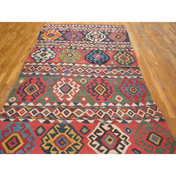 1870s multicolor diamond tribal antique caucasian kuba kilim flatweave wool rug 2 1870s multicolor diamond tribal antique caucasian kuba kilim flatweave wool rug - detail view 1