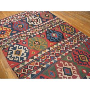 1870s Multicolor Diamond Tribal Antique Caucasian Kuba Kilim Flatweave Wool Rug - detail view 2