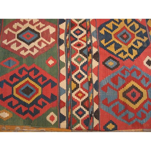 1870s multicolor diamond tribal antique caucasian kuba kilim flatweave wool rug 5 1870s multicolor diamond tribal antique caucasian kuba kilim flatweave wool rug - detail view 4