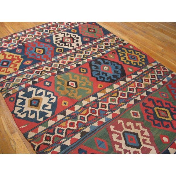 1870s multicolor diamond tribal antique caucasian kuba kilim flatweave wool rug 7 1870s multicolor diamond tribal antique caucasian kuba kilim flatweave wool rug - detail view 6