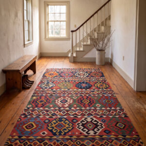 1870s Antique Kuba Kilim 6'0 x 11'4 in a Hudson Valley farmhouse hall, styled visualization