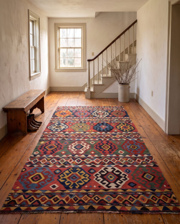1870s multicolor diamond tribal antique caucasian kuba kilim flatweave wool rug 3 1870s antique kuba kilim 6'0 x 11'4 in a hudson valley farmhouse hall, styled visualization