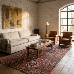 1870s Antique Kuba Kilim 6'0 x 11'4 in a converted stone barn living room, styled visualization