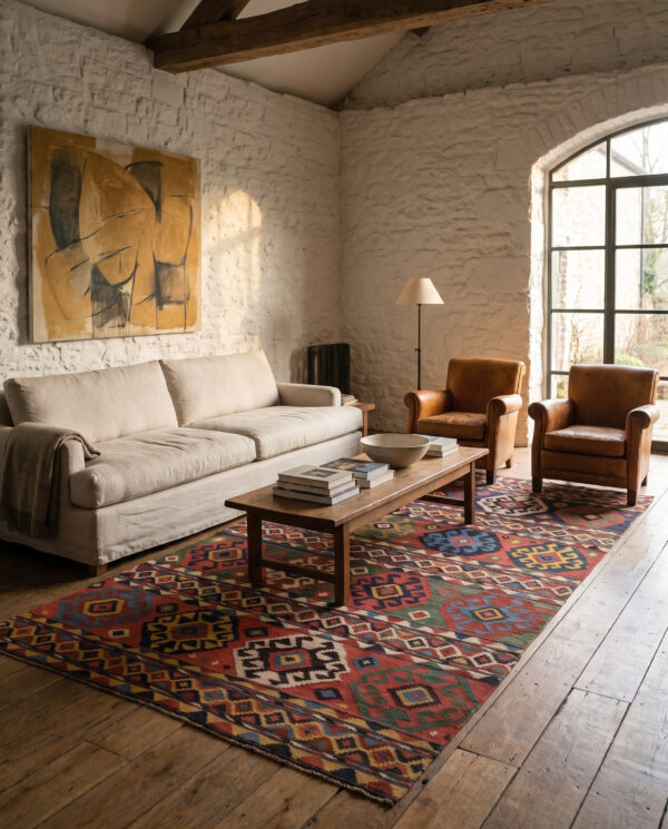 1870s multicolor diamond tribal antique caucasian kuba kilim flatweave wool rug 2 1870s antique kuba kilim 6'0 x 11'4 in a converted stone barn living room, styled visualization