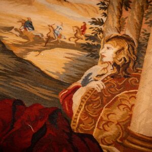 1875s Antique Beige Field European Landscape Victorian Flat Weave Wool Tapestry - detail view 5