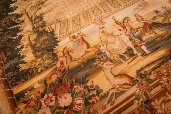 1875s antique beige field european landscape victorian flat weave wool tapestry 7 1875s antique beige field european landscape victorian flat weave wool tapestry - detail view 6