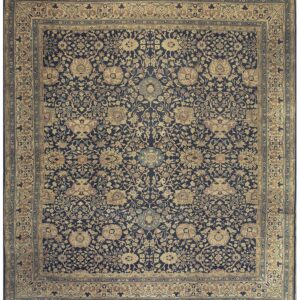 1880s Antique Navy Square Islimi Floral Finely Knotted Wool Tabriz Carpet Rug