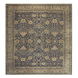 1880s Antique Navy Square Islimi Floral Finely Knotted Wool Tabriz Carpet Rug - detail view 1
