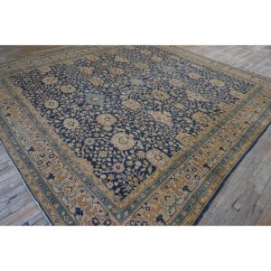 1880s Antique Navy Square Islimi Floral Finely Knotted Wool Tabriz Carpet Rug - detail view 7