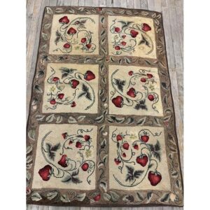 1880s Beige Antique Folk Art Rustic Geometric Modern Hooked Knotted Wool Rug - detail view 2