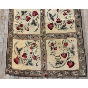 1880s Beige Antique Folk Art Rustic Geometric Modern Hooked Knotted Wool Rug - detail view 3