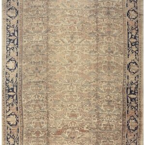 1880s Beige Field Traditional Floral Antique Knotted Wool Malayer Gallery Rug