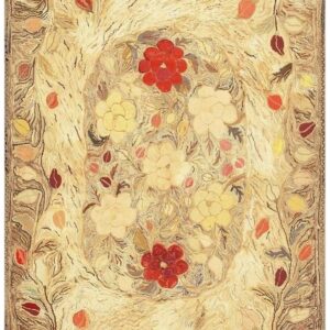 1880s Beige Floral Classic Folk Art Antique American Hooked Knotted Wool Rug